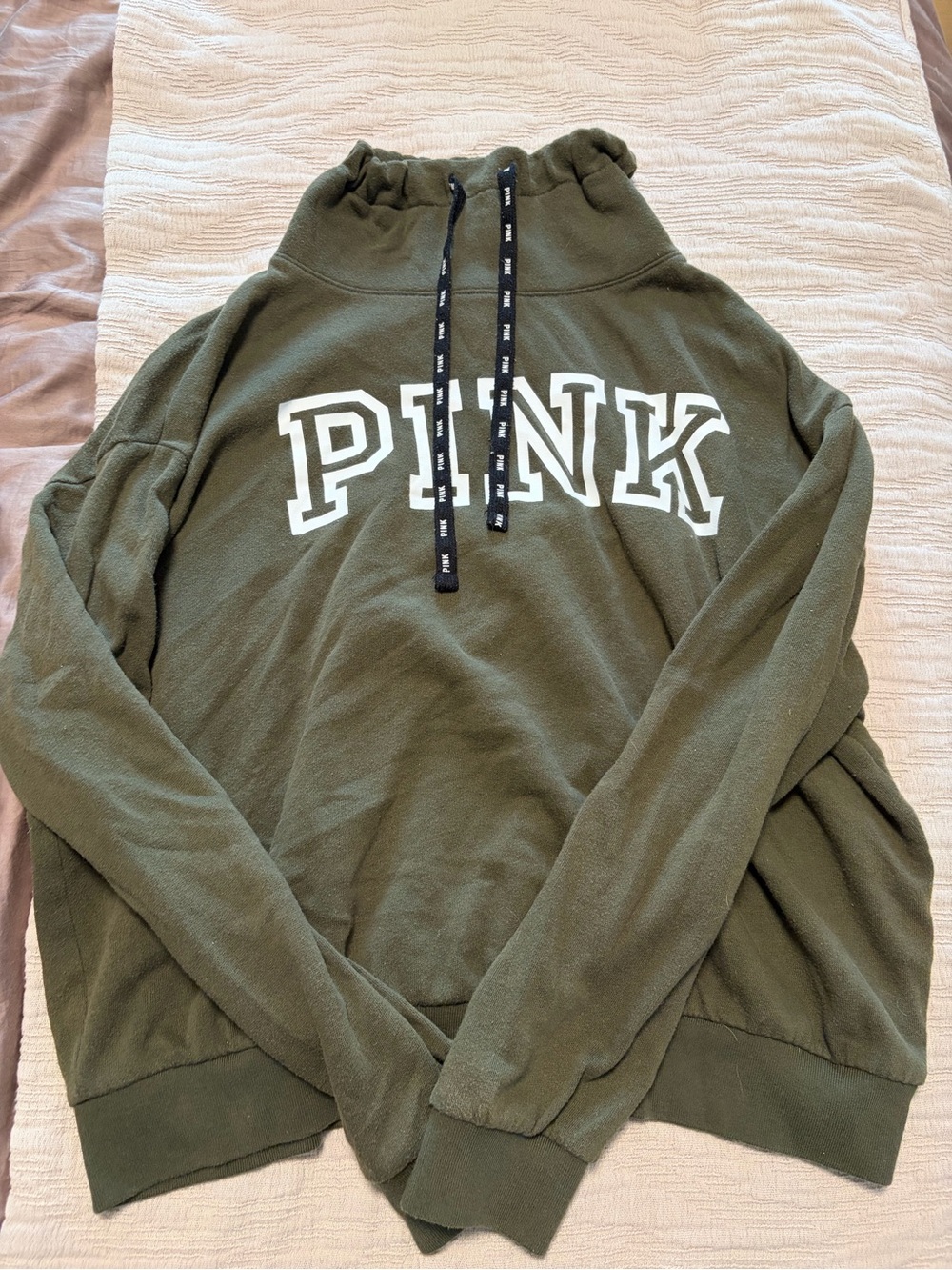PINK Victoria's Secret Olive Green Crewneck Pullover with Drawcord